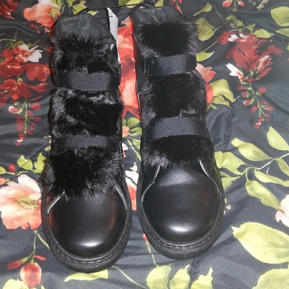 Black Faux Fur Tongue High Top Sneaker