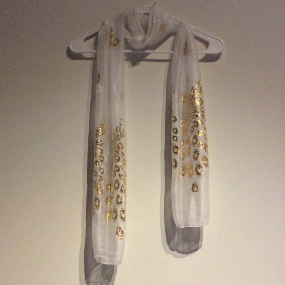 🍒NEW GOLD & WHITE PEACOCK CHIFFON SCARF WRAP COVER - Picture 2 of 7