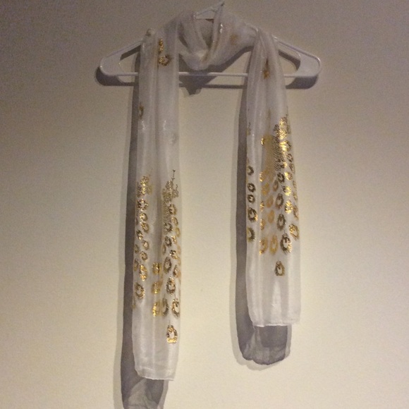 🍒NEW GOLD & WHITE PEACOCK CHIFFON SCARF WRAP COVER - Picture 2 of 7