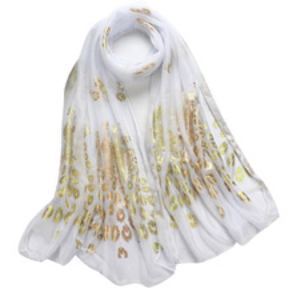 🍒NEW GOLD & WHITE PEACOCK CHIFFON SCARF WRAP COVER - Picture 4 of 7