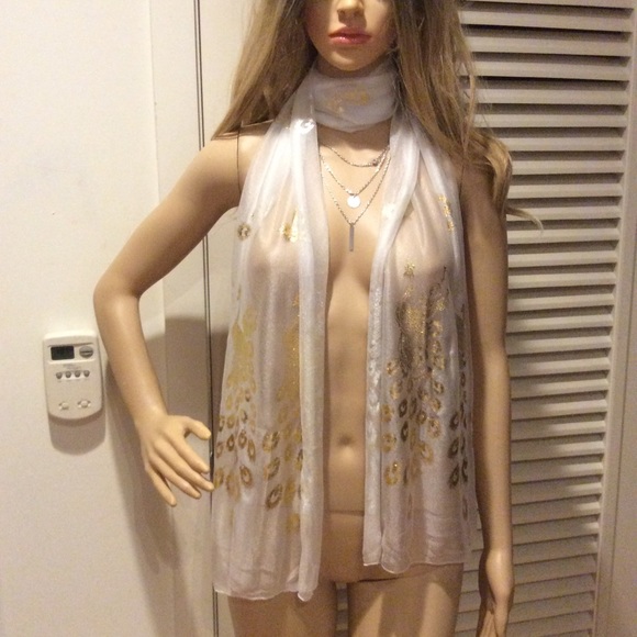 🍒NEW GOLD & WHITE PEACOCK CHIFFON SCARF WRAP COVER - Picture 3 of 7