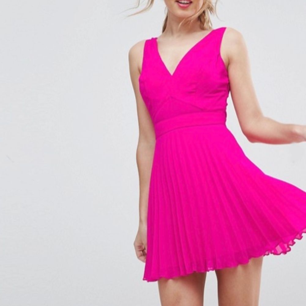 Pleated V Neck Cut Out Back Mini Dress