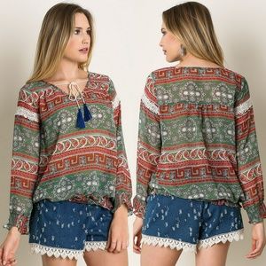 Green Sheer Lace Long Sleeve Tunic Top Size S M L