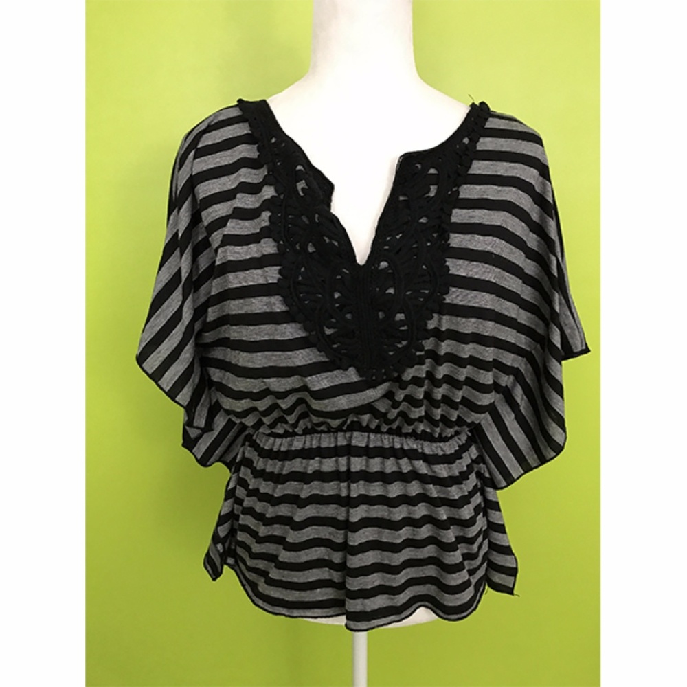 B Wear Batwing Lace Neck Stripe Peplum Top XL