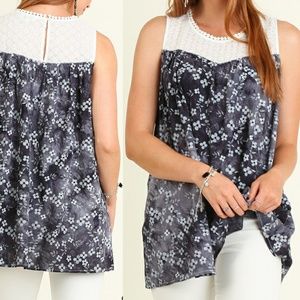 Floral Lace Grey Print Tank Tunic Top Size S M L