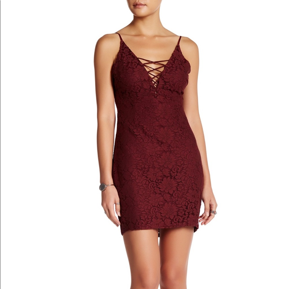Astr The Label Lace Up Bodycon Dress, Wine, Size S