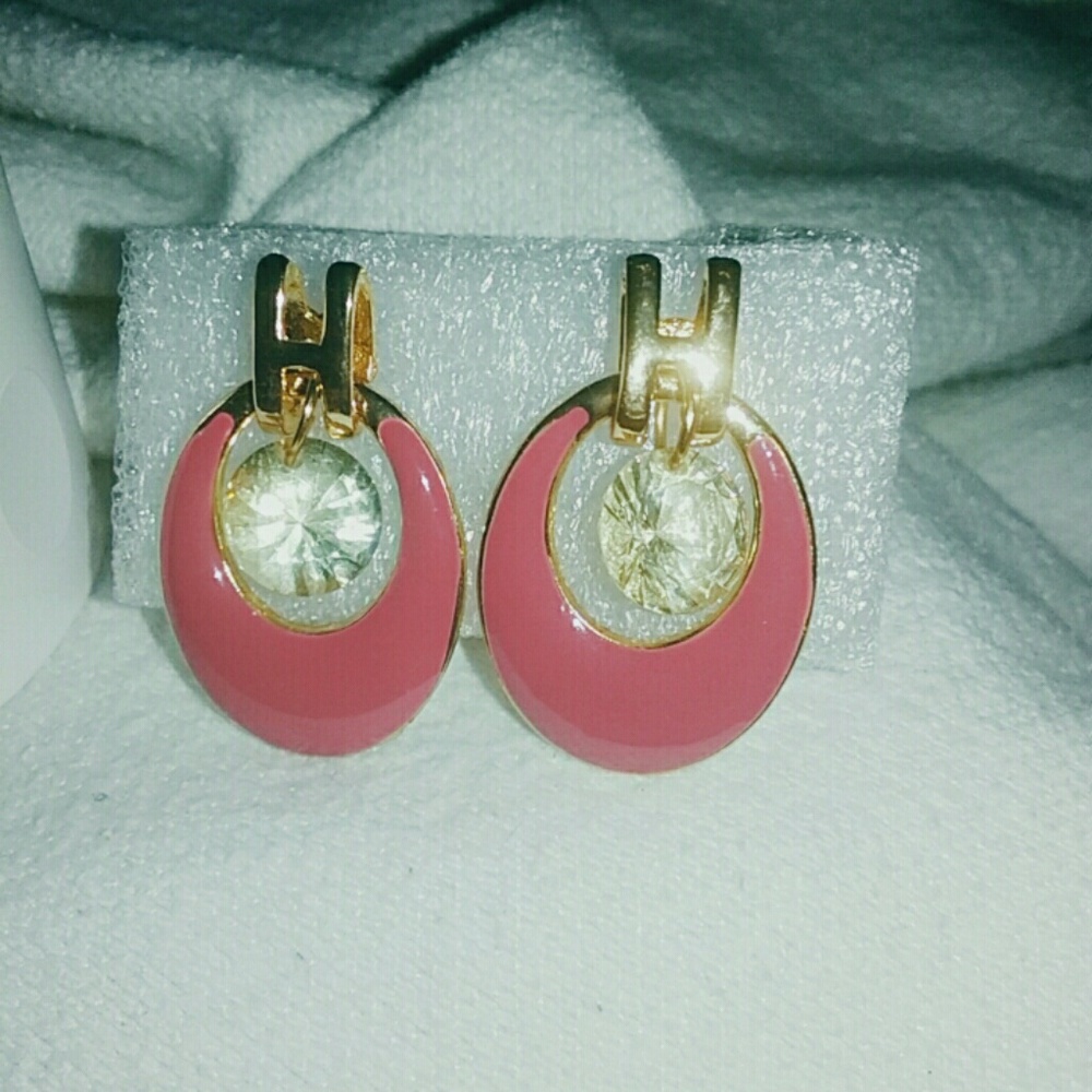 Pink Enamel and Crystal Earrings