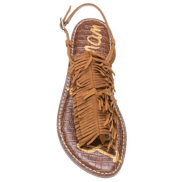 Saddle Kid Suede Leather T Strap Fringe Sandals - Picture 2 of 3