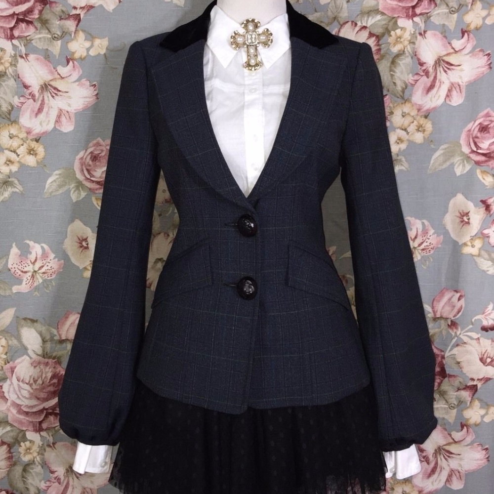 Nanette Lepore Gray Plaid Bell Sleeve Wool Blazer