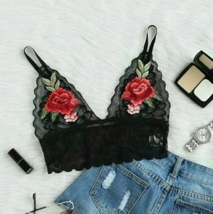 Rose Embroidered Black Lace Bralette