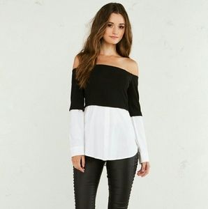 Black and white off shoulder button top