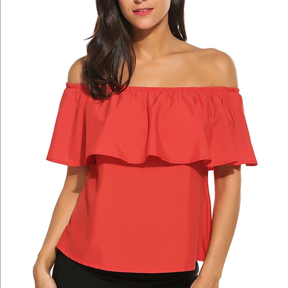 Red off shoulder top! Super cute!