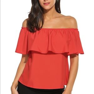 Red off shoulder top! Super cute!