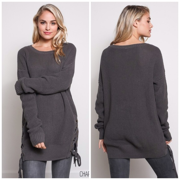 Charcoal Lace up Sweater - Picture 2 of 2