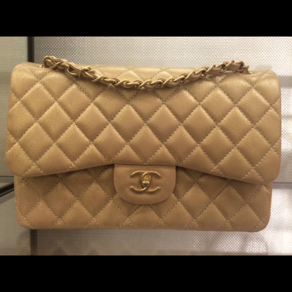 CHANEL Gold caviar double flap jumbo