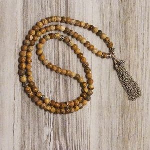 108 6MM Picture Jasper Bead Mala w/Metal Tassel