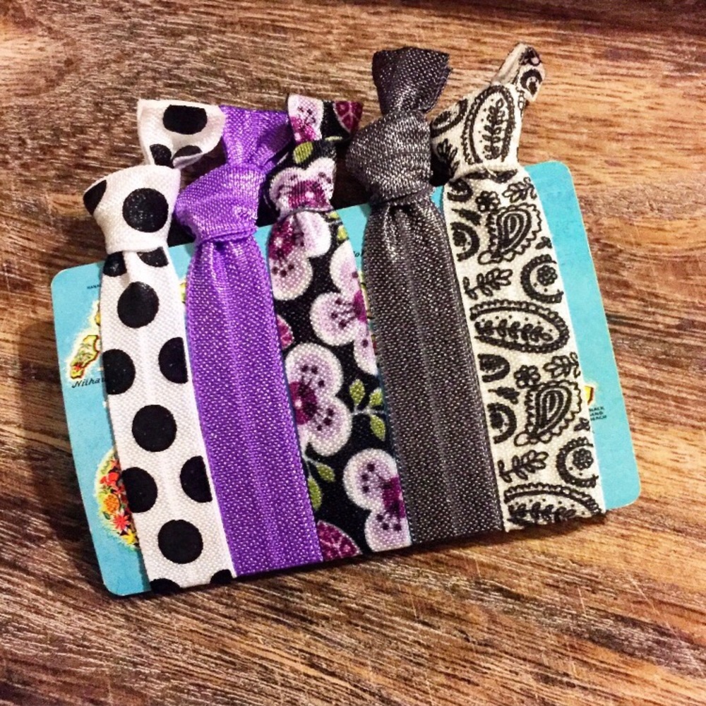 Purple floral and black polka dots hair tie set