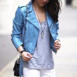 Zara blue leather moto jacket