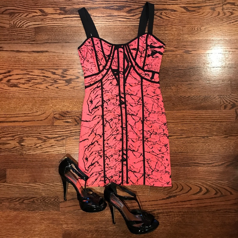 Erik Hart Neon Coral & Black Marbled Dress-sz 2