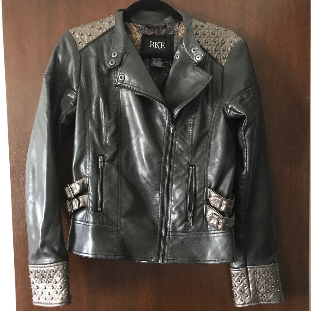 BKE Buckle Gray Studded Leather Jacket