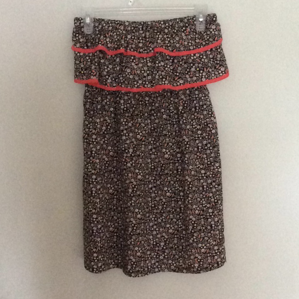 Floral Strapless dress, great with brown boots.