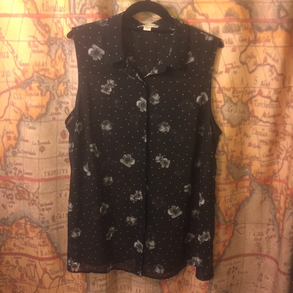Black Sheer Floral Sleeveless Blouse Polka Dot 1X