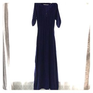 Silk, blue, long v-neck, dress with gold buttons