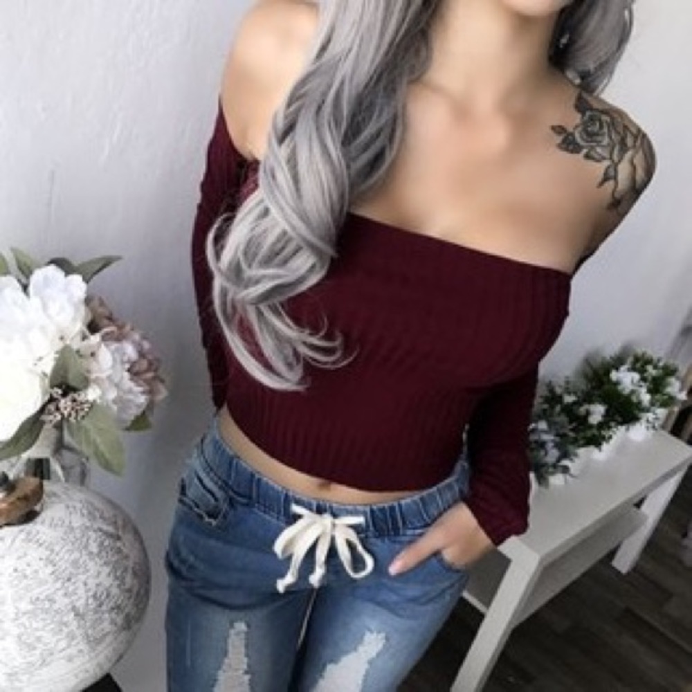 ShopSweetMayhem: Wine/Burgundy Ribbed Off-shoulder