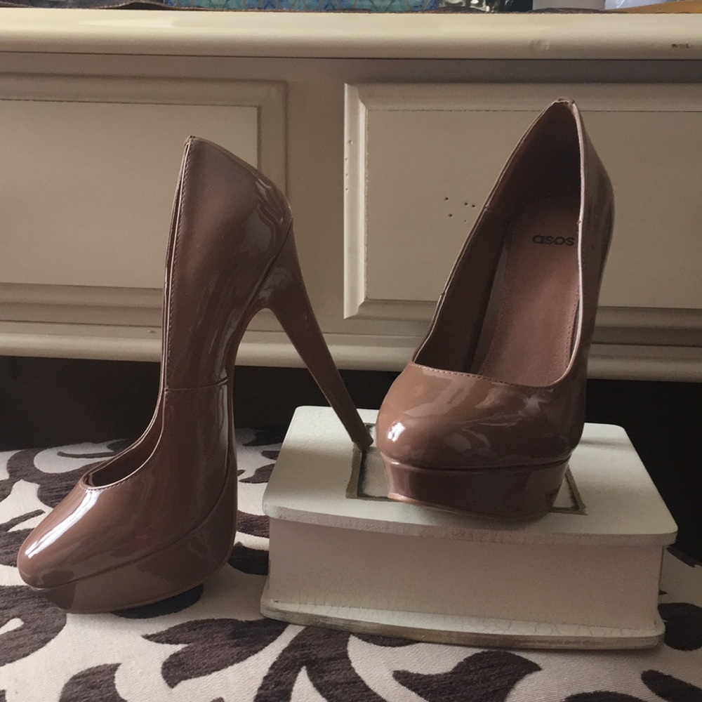 Taupe Patent Leather Platform Heels