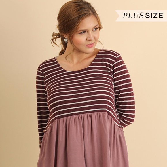 Plus--Mulberry & Mauve Striped Long Sleeve Top - Picture 2 of 2