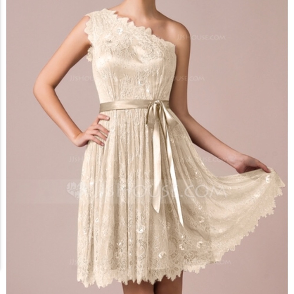 Knee length lace dress off shoulder, tied waist