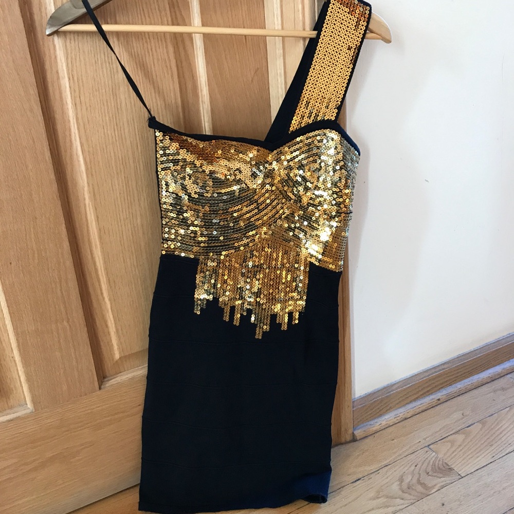 BEBE Like New One Shoulder Black and Gold Dress