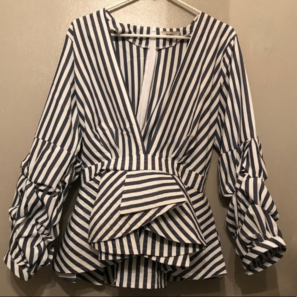 Large bell sleeve ruffle striped blouse