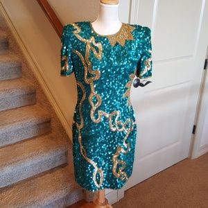 Lawrence Kazar NY Turquoise & Gold Sequin Dress