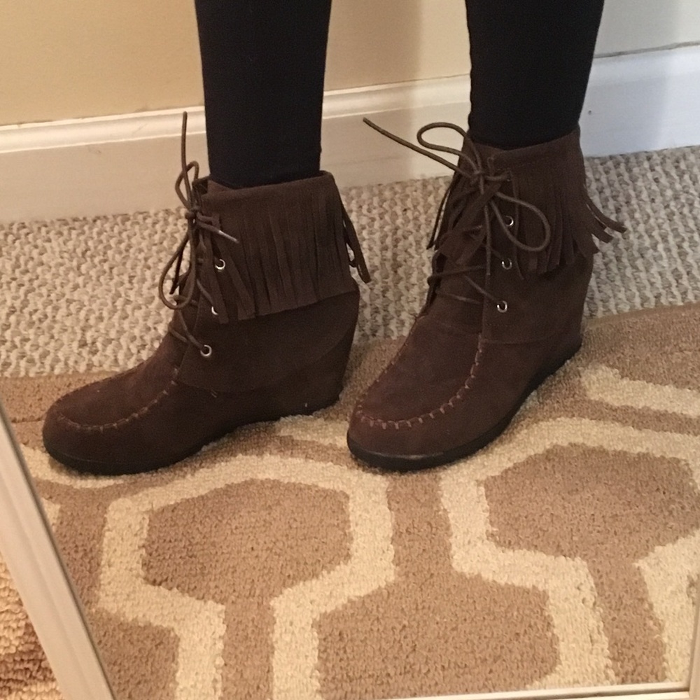 Brown Lace Up Fringe Wedge Booties