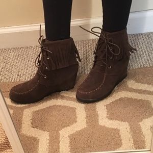 Brown Lace Up Fringe Wedge Booties