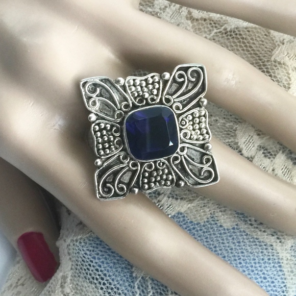 Large Vintage Sterling Iolite Cross Statement Ring - Picture 4 of 8