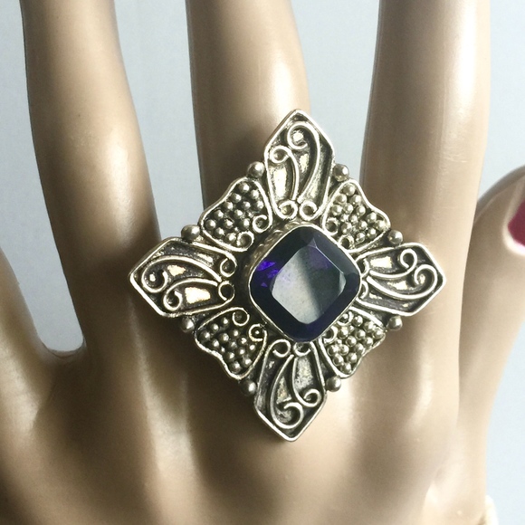 Large Vintage Sterling Iolite Cross Statement Ring - Picture 3 of 8