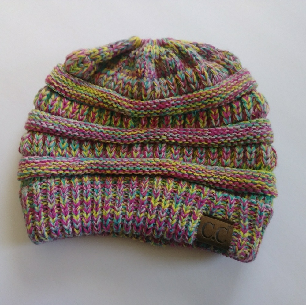 CC messy bun/ponytail beanie rainbow confetti
