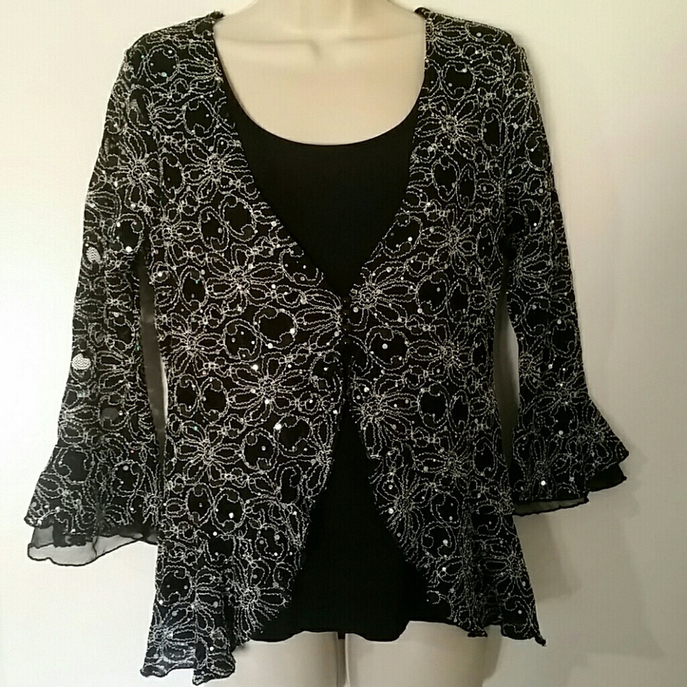 Sparkling Black & Silver Floral Lace Top NWT