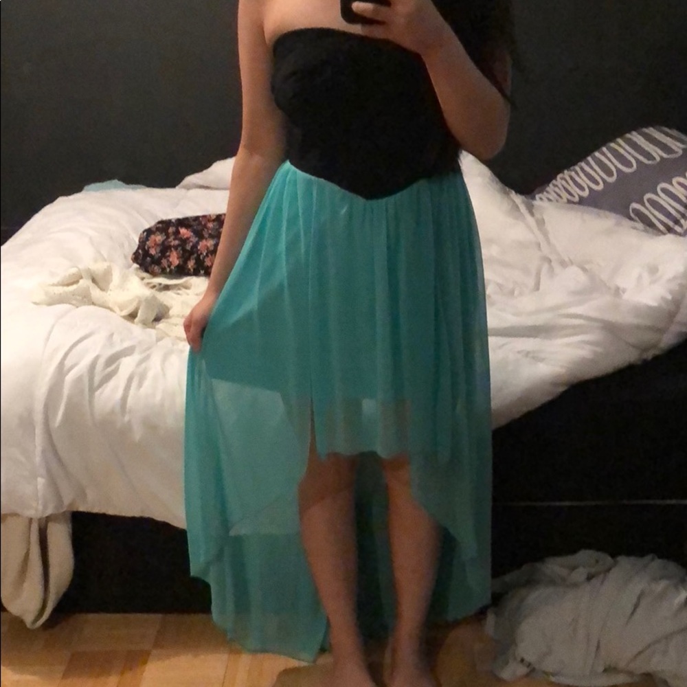 Black and teal high low flowy dress