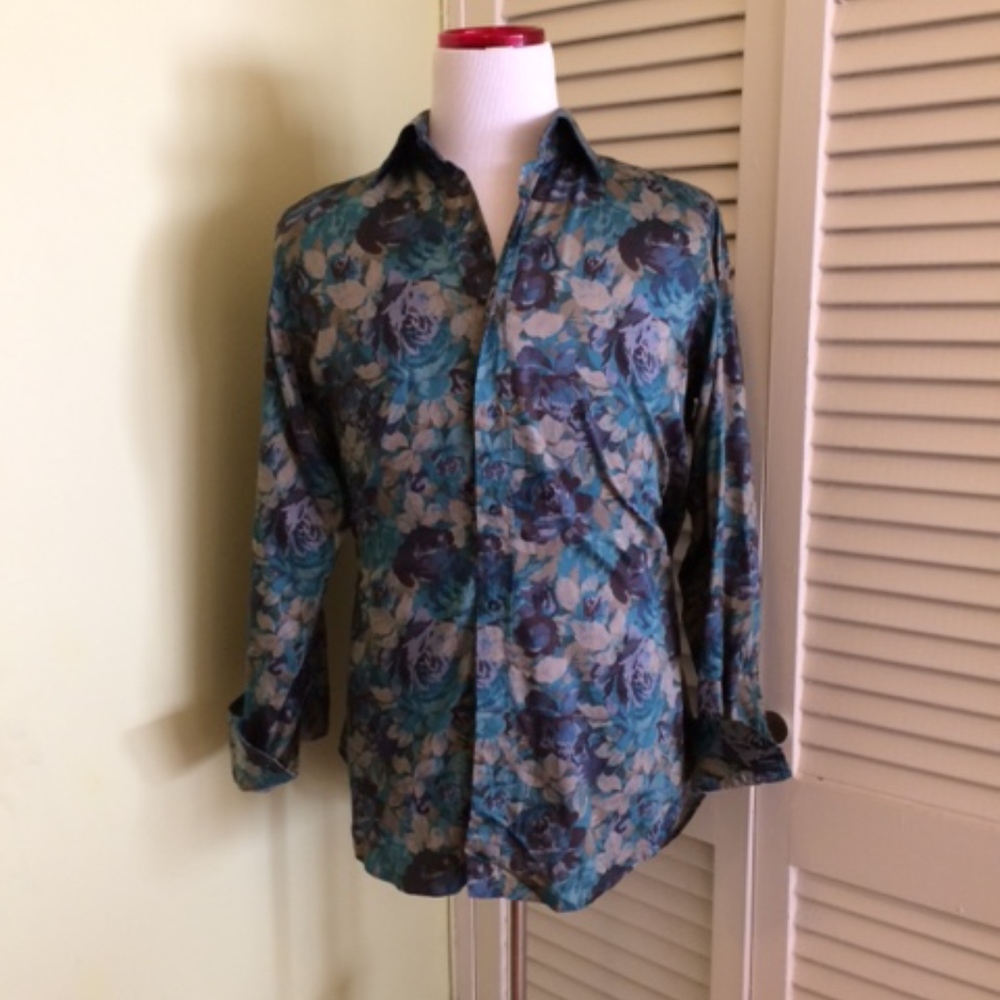 *SOLD!* ETRO Teal, Tan Floral Shirt, Mens Large