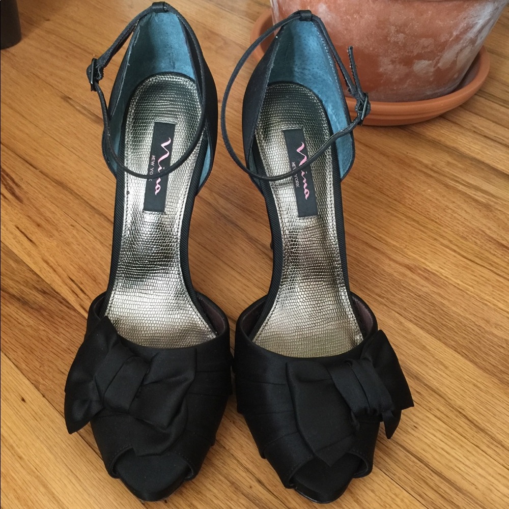 Nina Black Satin Peep Toe Heels!