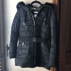 Faux fur trimmed hooded black Calvin Klein coat