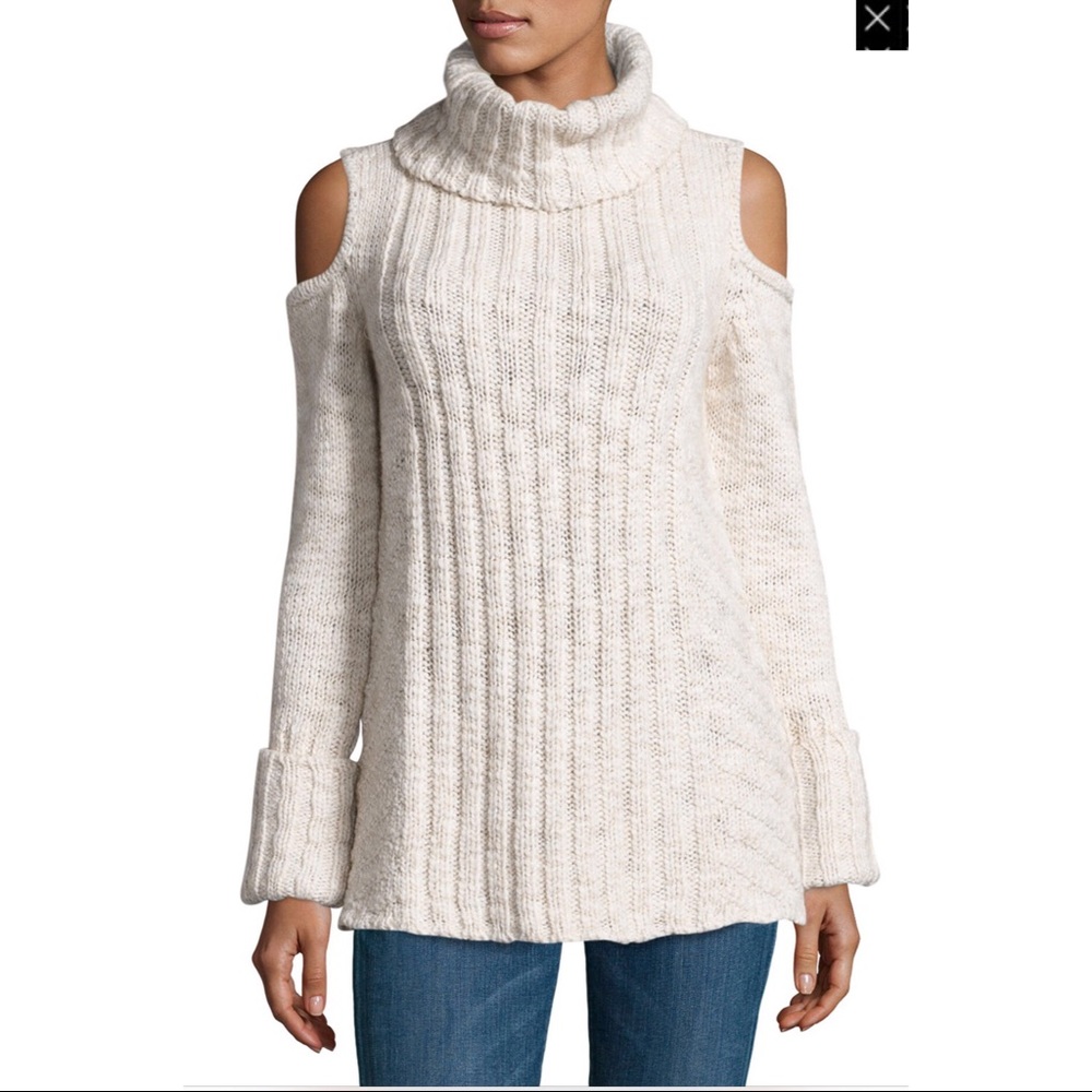 Marled Cold-Shoulder Turtleneck Sweater, Ivory