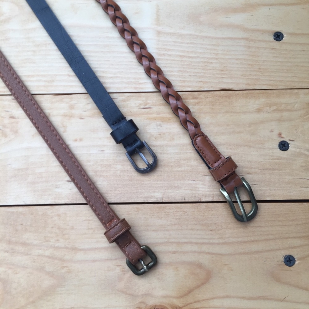 3 skinny belts, 2 brown & 1 black