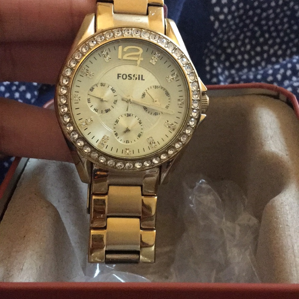 Fossil gold tone watch with crystal studs