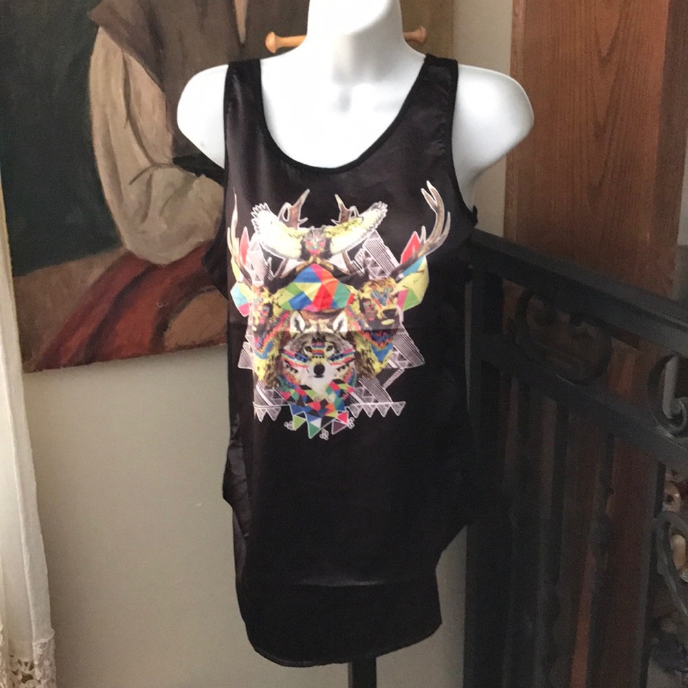 Nameless top wolf deer owl print satin NWT