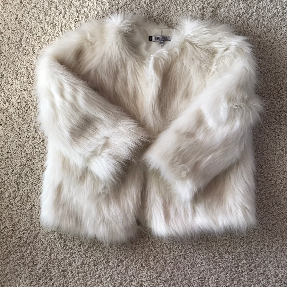 Jennifer Lopez white faux fur bomber