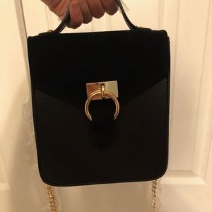 BRAND NEW black pocketbook with long gold chain